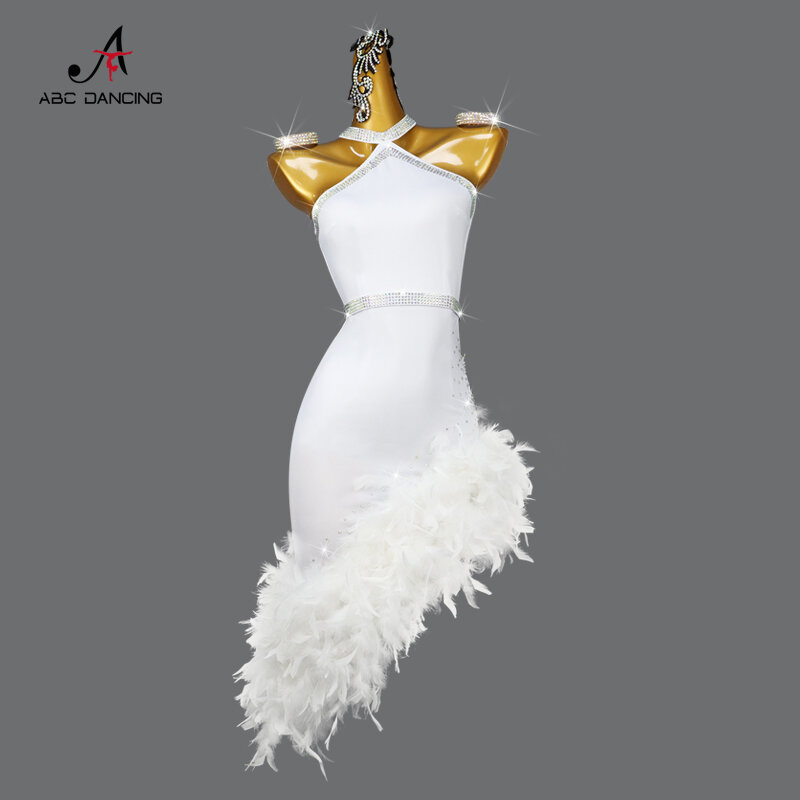 New White Latin Dance Professional Competition Dress Sexy Female Performance Feather Skirt Ballroom Practice Wear Costume Ladies