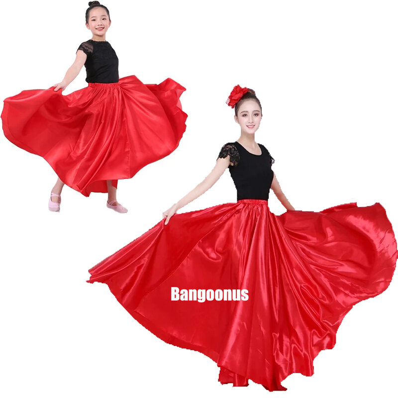 Belly Dancing Skirt Solid Gypsy Women Girl Spanish Flamenco Skirt Satin Big Swing Dress Adult Kids Stage Performance 360Degree