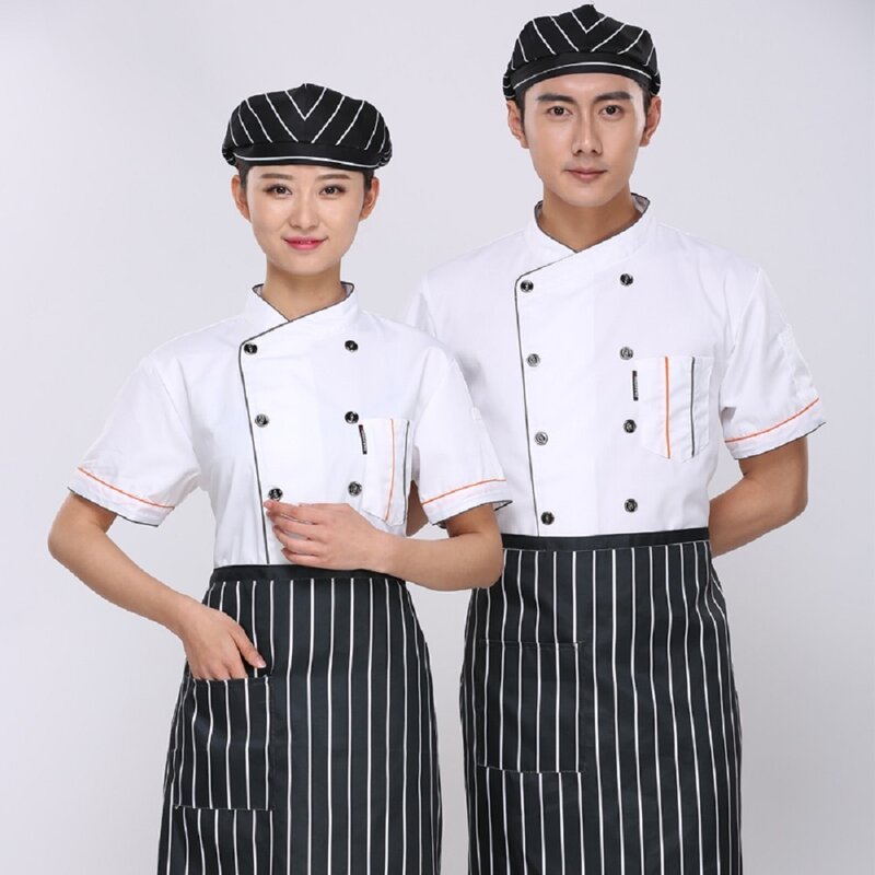 Uniformes de Chef de servicio de comida Unisex, chaqueta de Chef de algodón de manga corta, ropa de trabajo transpirable para restaurante y Hotel al por mayor