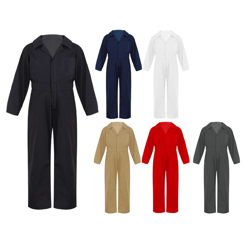 Kids Boys Turndown Collar Jumpsuit Zipper Closure Jumpsuit Front Solid Color Coverall Style Stylish Clothing Long Sleeve