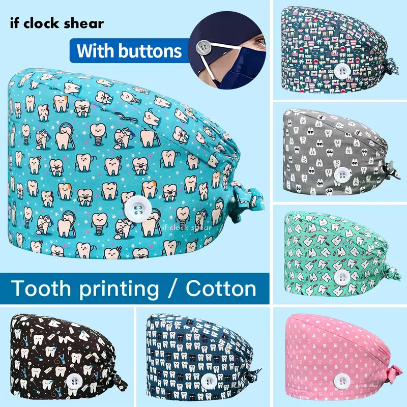 Unisex scrubs caps Adjustable cotton tooth printing hats High Quality adjustable sweat-absorbent Elastic multicolor scrubs hats