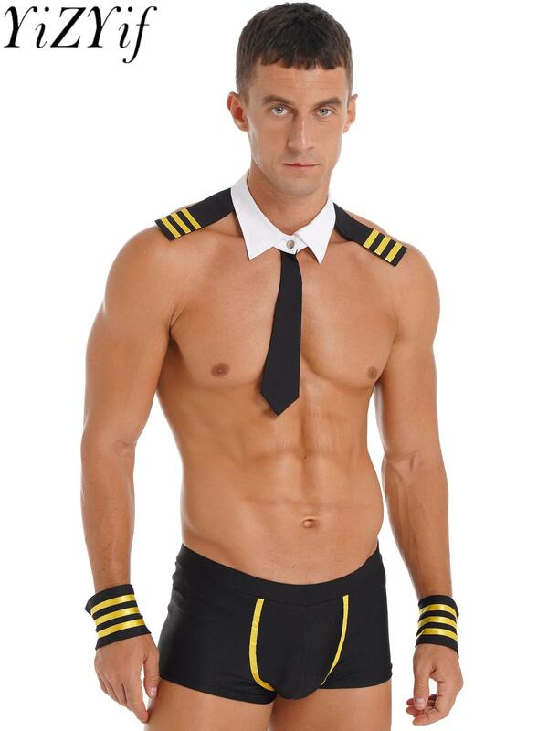4Pcs Mens Sexy Sailor Costume Outfit Necktie Collar Suspender Boxer Briefs Collar Cuffs Captain Uniform Lingerie Set Outfits