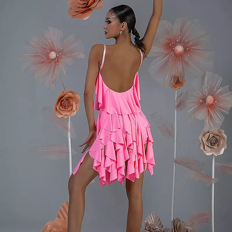 Vestido Latino rosa y negro para mujer, vestido de competición de baile de salón, vestido de graduación, espalda abierta, baile latino con volantes