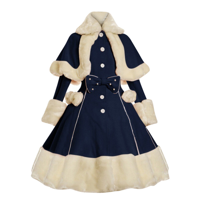 Vintage Gothic Lolita Dress Suit Women Fur Collar Long Sleeves Shawl Cute Single-breasted Winter Warm Thick Bow Dresses
