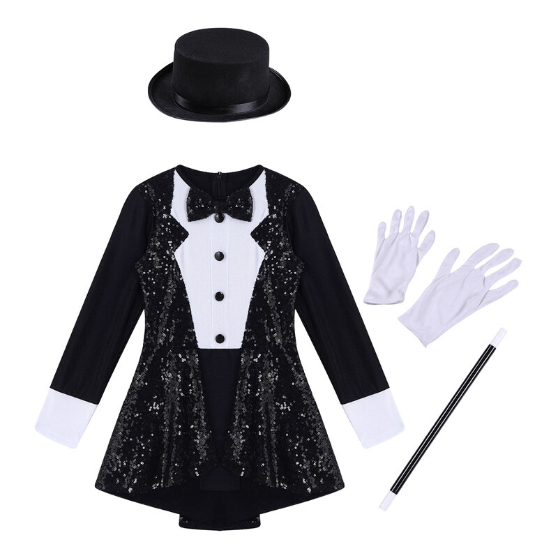 Kids Girls Magician Costume Halloween Circus Cosplay Performance Clothes Shiny Sequin Leotard Dress with Hat Magic Wand Gloves