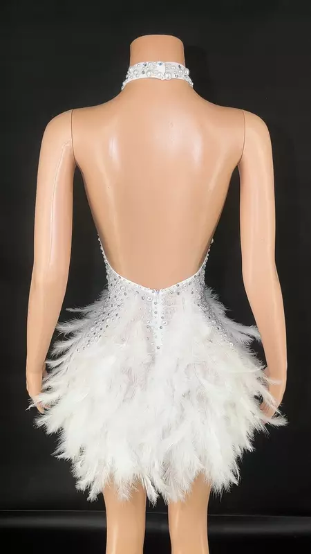 Sexy Rhinestones Pearls Halter Backless Short White Feathers Dress Women Celebrate Birthday Dress Performance Dance Costume