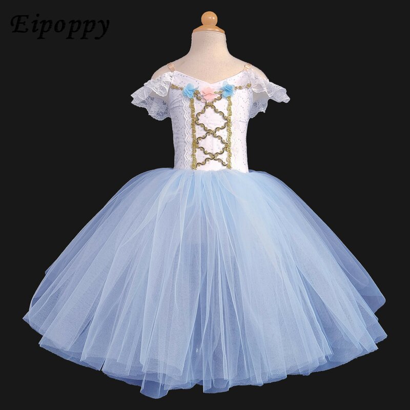 Disfraz de Ballet profesional azul para niños y niñas, tutú clásico de bailarina, Vestido largo de Baile de Princesa para adultos
