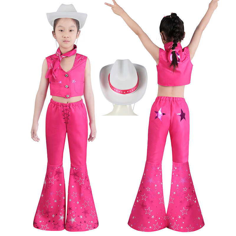 NEW Movie Barbi Costume For Girl Kids Halloween Cosplay Cowboy Hat Vintage Flared Pants Vest Scarf Fancy Party Carnival Outfits