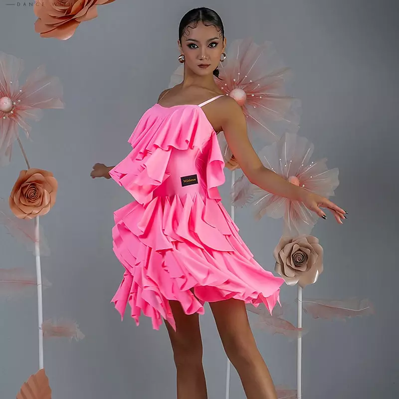Vestido Latino rosa y negro para mujer, vestido de competición de baile de salón, vestido de graduación, espalda abierta, baile latino con volantes