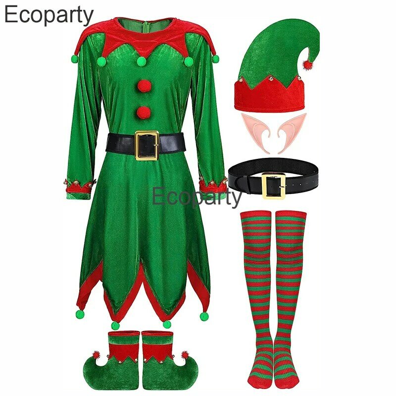 2023 Adult Kids Christmas Santa Claus Costume Women Green Elf Cosplay Dress Belt Hat Elf Ear Suit New Year Xmas Party Outfits