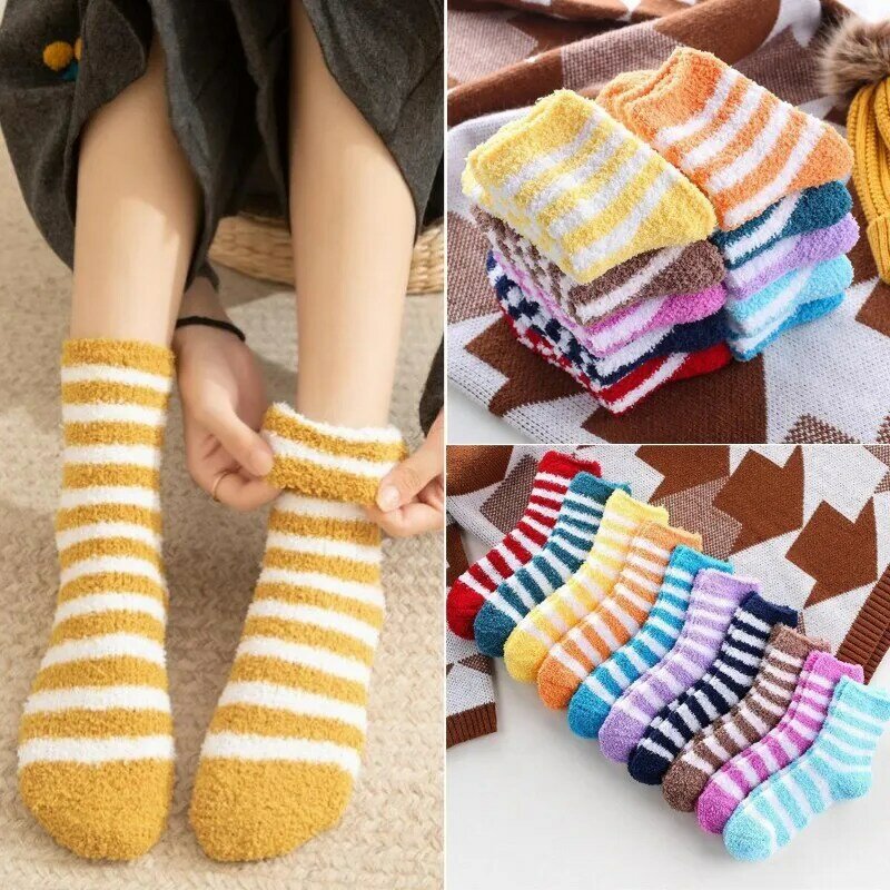 1Pairs Striped Socks Women Short Soft Fluffy Socks Ladies Plush Thickening  Winter Warm Fashion Floor Soks Christmas Party Gift