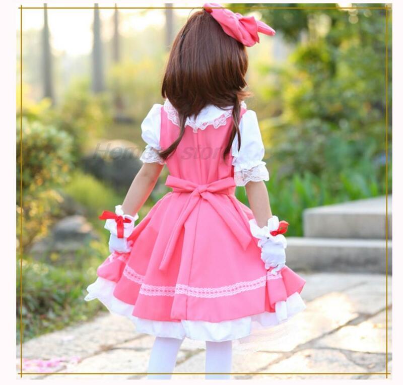 Anime Girls Pink Carcaptor Sakura Princess Dress Cosplay Costume Lolita Dress For Kid Card Combat Uniform Apron Dress with Hat