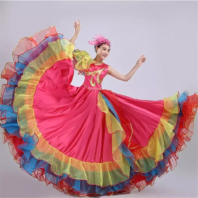 Women Spain Dress Flamenco Skirts Dance Costumes Spanish Gypsy Skirt Bigdance Flower Chorus Stage Performance Wear for Woman