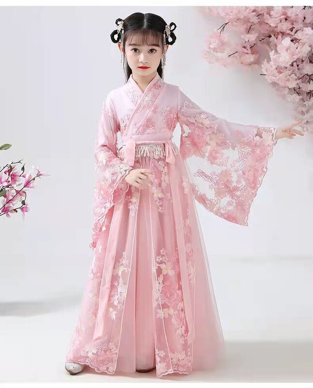 Chinese Traditional Folk Dance Dress Girls Pink Dance Fairy Costume Hanfu Girls Princess Dresses Set Kids Party Cosplay Clothing
