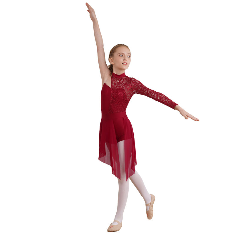 Kids Girls Lyrical Dance Costume Cutout Single Long Sleeve Asymmetric Ballet Dress Leotard Modren Contemporary Dancewear