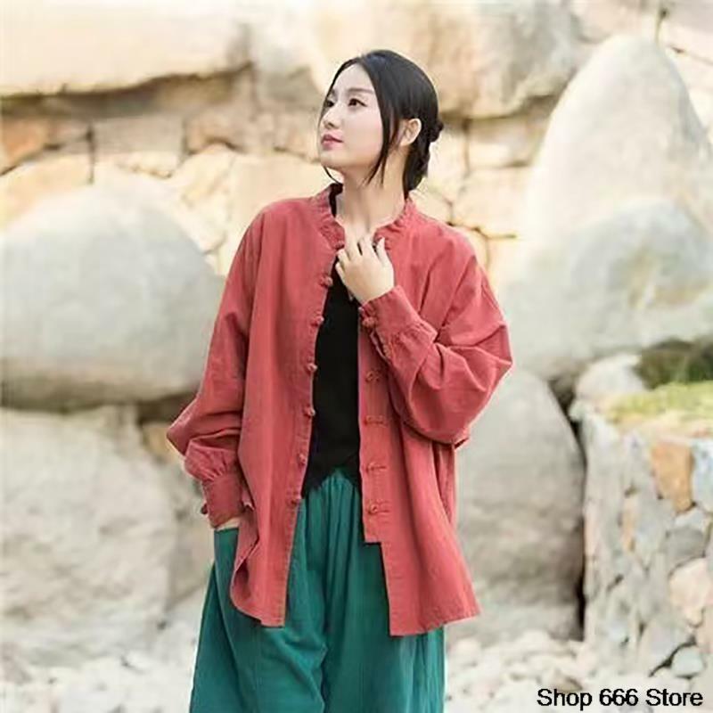 2024 Women Chinese Traditional Tang Suit Linen Zen Tea Hanfu Cardigan Ladies Tai Chi Kung Fu Tops Vintage Cotton Femal Clothing