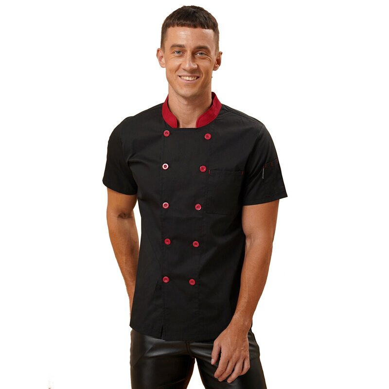 Mens Chef Jacket Breathable Short Sleeve Chef Shirt Stand Collar Cooks Jacket Hotel Restaurant Kitchen Uniform with Pockets