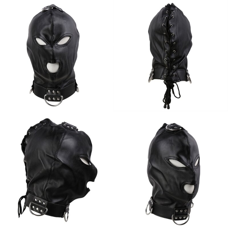 Adult Full Face Sexy Black PU Leathers Head Bondage Hood Masks Men Cosplays Party Costume Head Cover Open Eyes Nightclub Wear