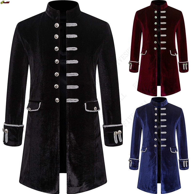 Mens Velvet Medieval Costumes Gothic Steampunk Victorian Frock Coat Pirate Jacket Stage Performance Cosplay Blazers