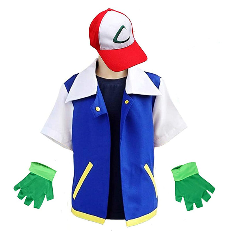 Pokemon Cosplay Anime Ash Ketchum Clothes Men Blue Jacket Costume Boys Girls Cosplay for Party Trainer Pokemon Cap Gloves Set