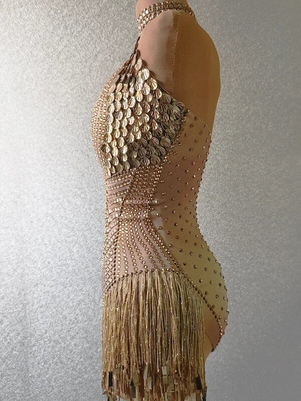 Gold Rhinestones Sequins Fringes Bodysuit Birthday Celebrate Evening Costume Sexy Sleeveless Dance Performance Leotard