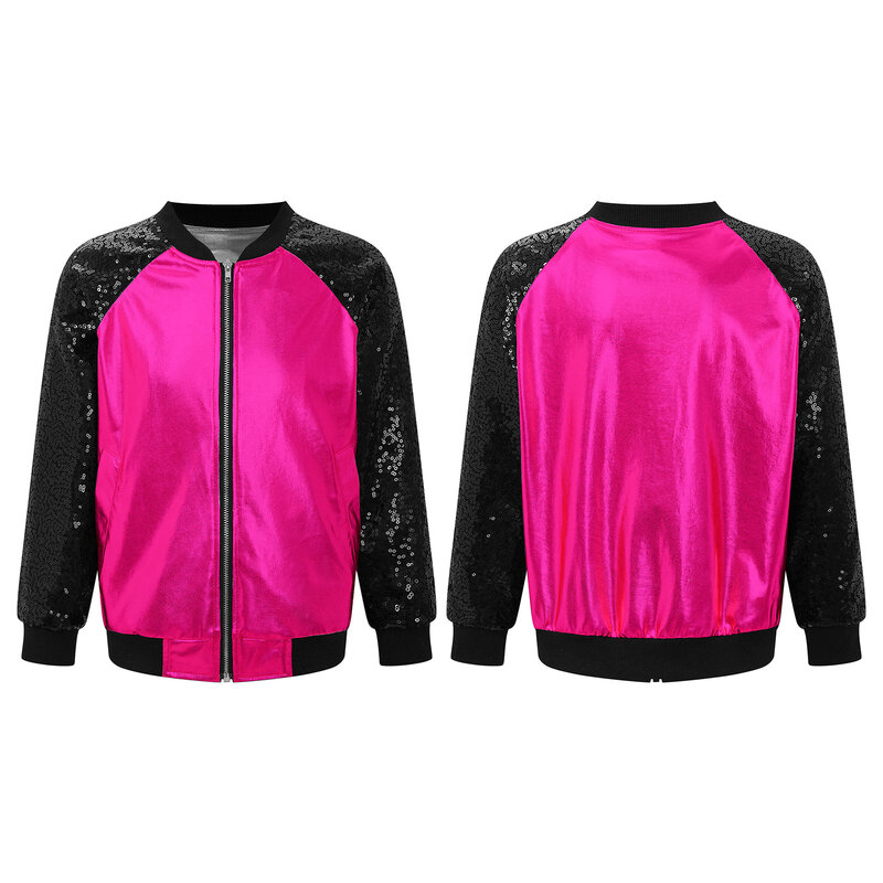 Kids Girls Shiny Sequins Dance Jacket Long Sleeve V Stand Collar Zipper Closure Front Bronzing Cloth Outerwear Stylish Clothing