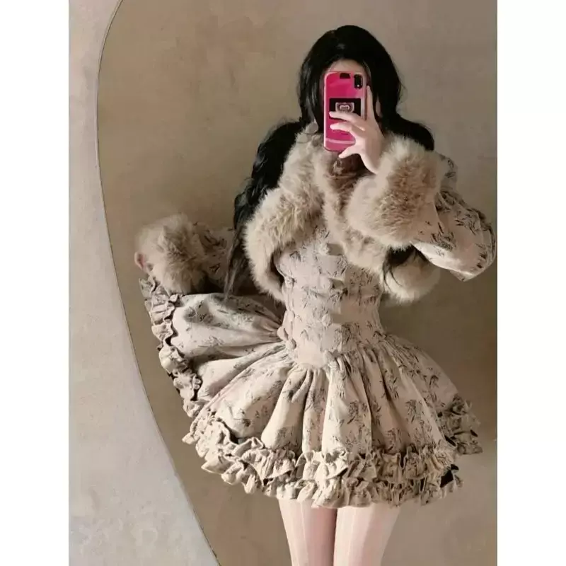 French Vintage Haute Couture Short Fur Collar Jacket+waistband Double Breasted Slimming Suspender Fluffy Princess Dress Set