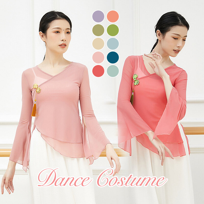 Women Classical Dance Shirt Clothes Chinese Retro Buckle Ancient Rhyme Gauze Translucent Long Sleeve Tops Folk Dance Costume