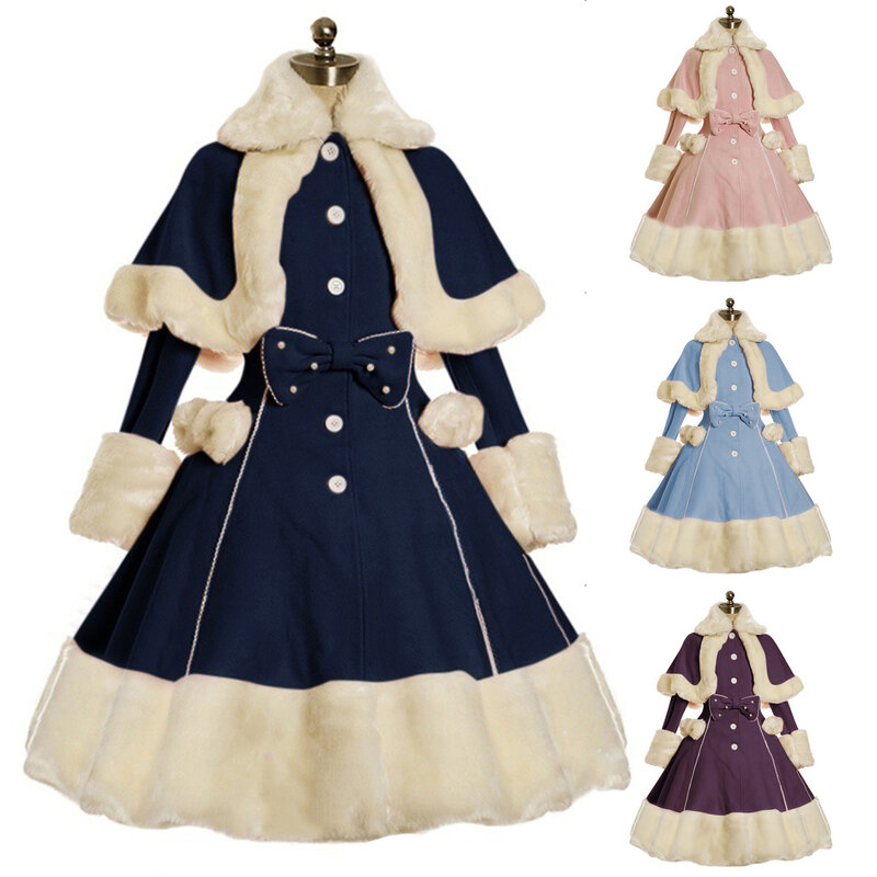 Vintage Gothic Lolita Dress Suit Women Fur Collar Long Sleeves Shawl Cute Single-breasted Winter Warm Thick Bow Dresses