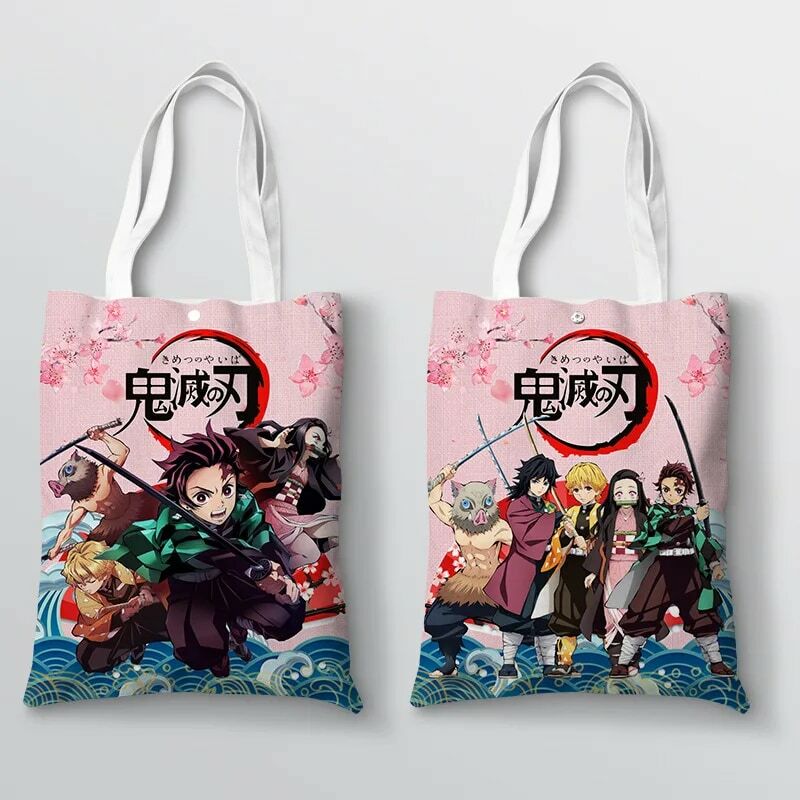 Anime Demon Killer Printing Canvas Tote Bag Cartoon Figure Nezuko Kocho Shinobu Tomioka Giyuu Double Printing Shopping Bag