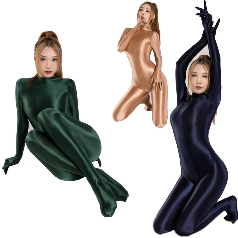 Shiny Glossy Satin Sexy Women's Long Sleeve Finger Gloves Zipper Back Full Length One-piece Bodysuit Silky Tights Zentai Catsuit