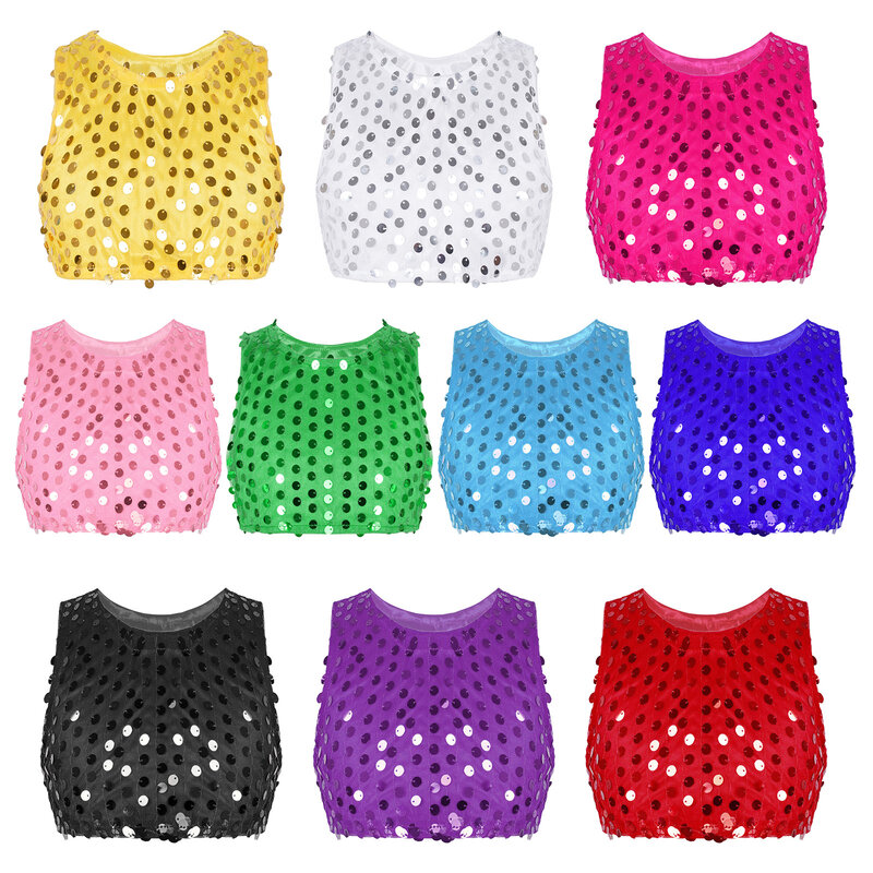 Kids Girls Shiny Sequins Jazz Ballet Dance Tops Fashion Solid Color Sleeveless Tank Crop Top Dancewear Stage Performance Clothes