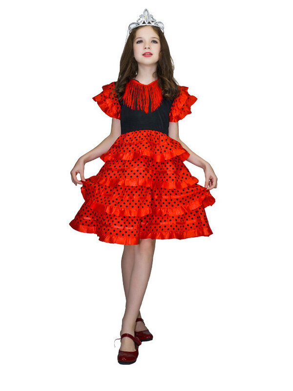 Halloween Costume Sevillanas Girls' Dress Traditional Spanish Flamenco Dance Dress April Seville Fair Performance Dance