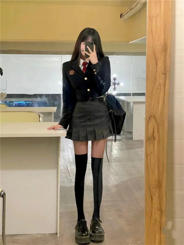 Daily Korean JK Uniform Set College Style Girls Short Suit Blazer Navy Coat Wrap Hip Skirt Tie Shirt Hot Girl Set Spring Autumn