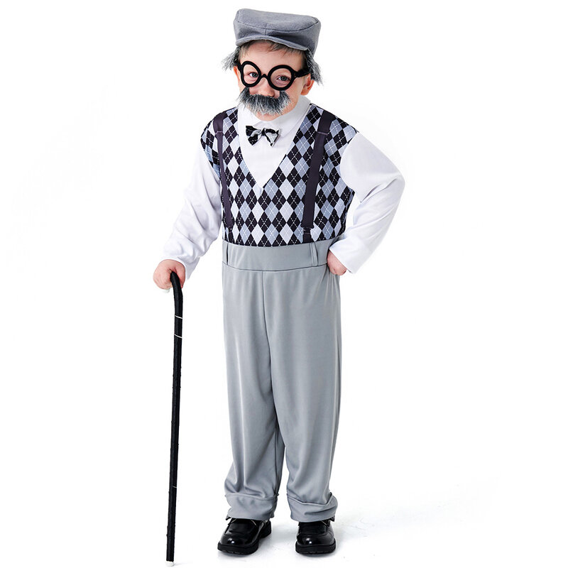 Halloween Cosplay Old Man Costume for Kids 100th Day of School Grandpa Costume Accessories Including Hat Glasses Beard Gangster