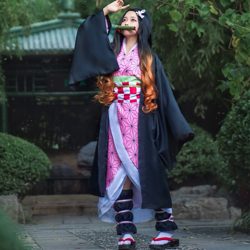 Anime Demon Slayer Nezuko Cosplay Costume Kimono Kimetsu No Yaiba Kamado Nezuko Costume Wig Womens Girls Kimono Uniform Clothes