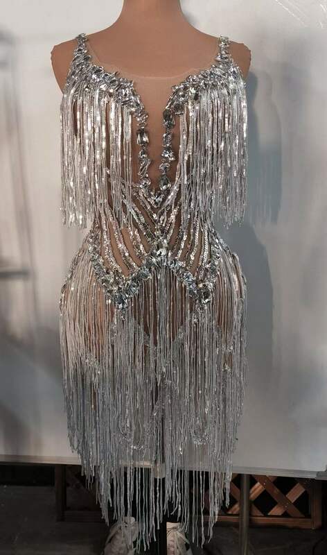 Stunning Silver Celebrate Birthday Queen Women Rhinestone Dress Nightclub DJ DS GoGo Stage Wear Singer Mesh Transparent Costume