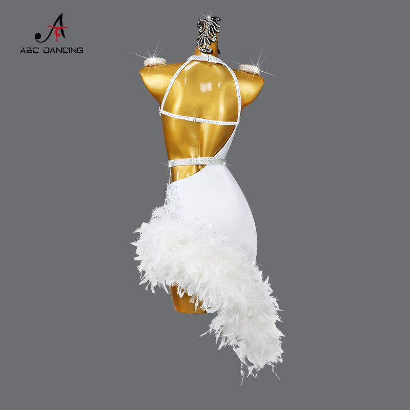 New White Latin Dance Professional Competition Dress Sexy Female Performance Feather Skirt Ballroom Practice Wear Costume Ladies