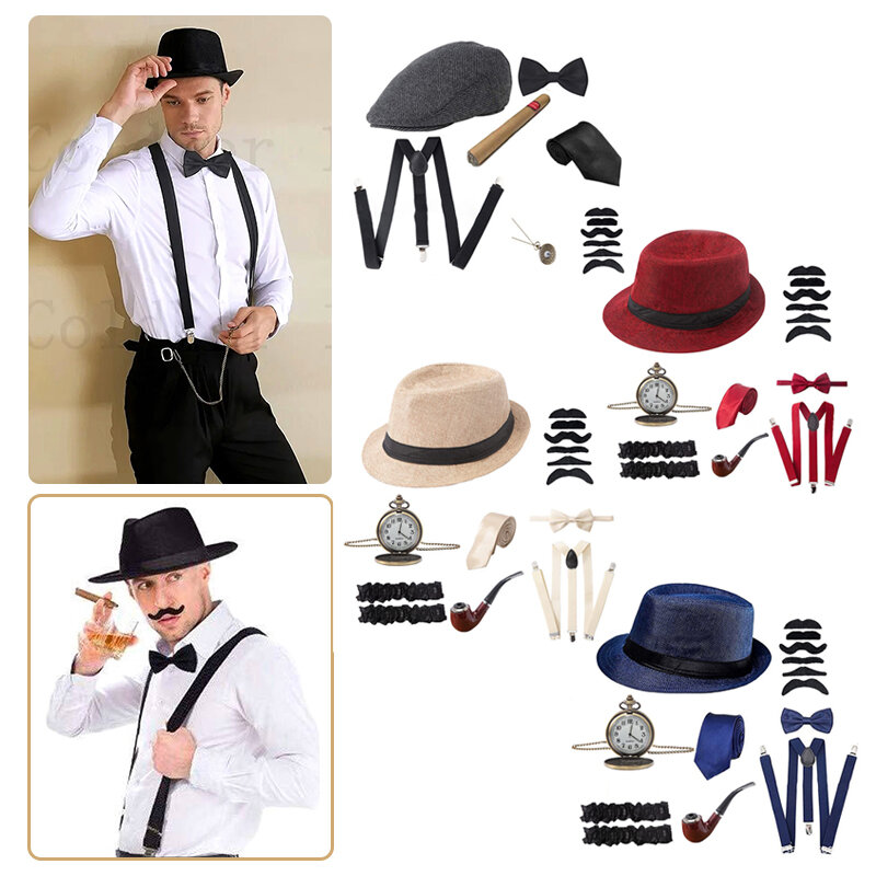 Halloween 1920s Mens Gatsby Gangster Accessories Set Panama Hat Suspender Bow Tie 20s Great Gatsby Cosplay Accessories