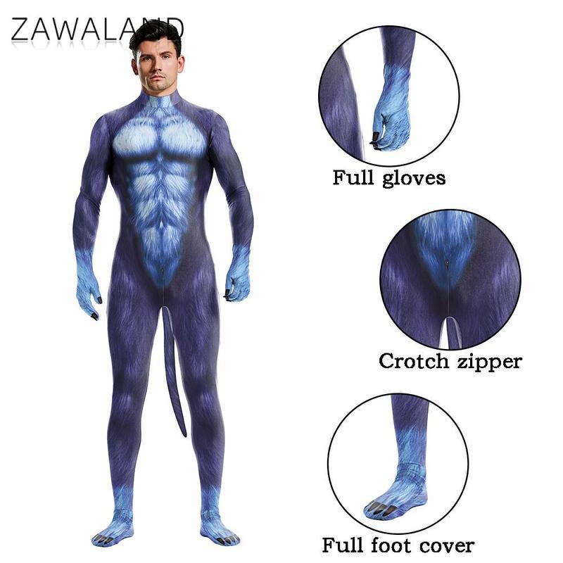 Zawaland Cosplay Costume For Male Adult Full Cover Elastic Zentai Pet Suit Animal Dog Puppy Print Catsuit Bodysuits With Tail