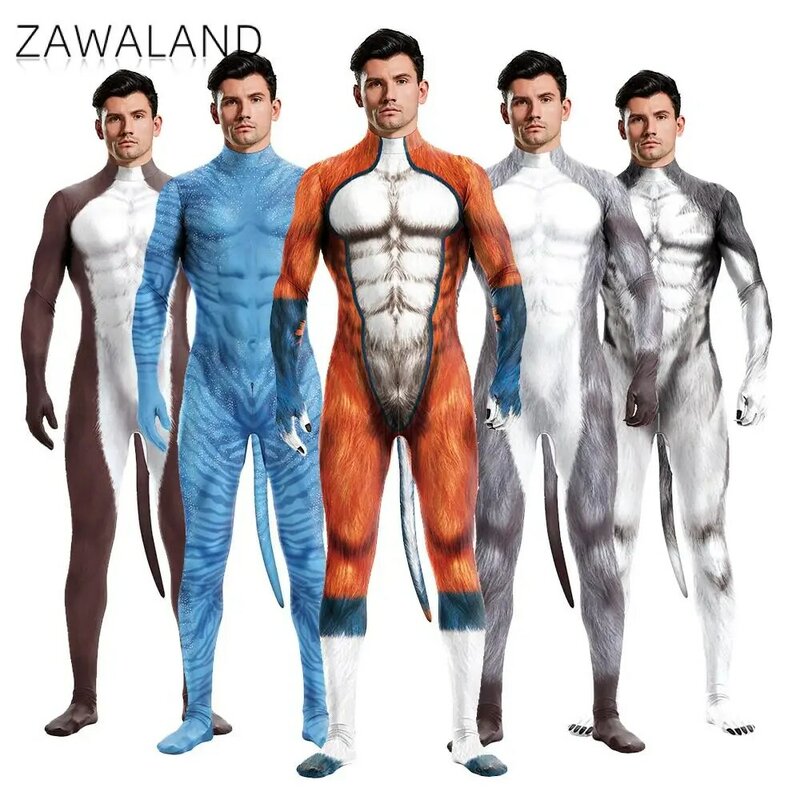 Zawaland Creative Cosplay Animal Husky Wolf Beast Costumes Unisex Full Cover Elastic Party Bodysuit Zentai with Tail Jumpsuits