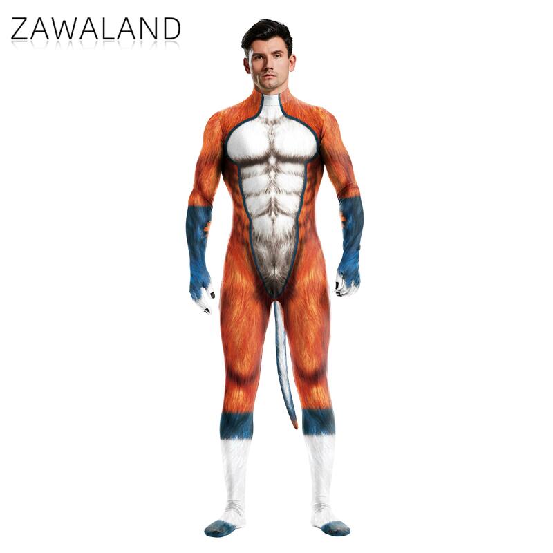 Zawaland Creative Cosplay Animal Husky Wolf Beast Costumes Unisex Full Cover Elastic Party Bodysuit Zentai with Tail Jumpsuits