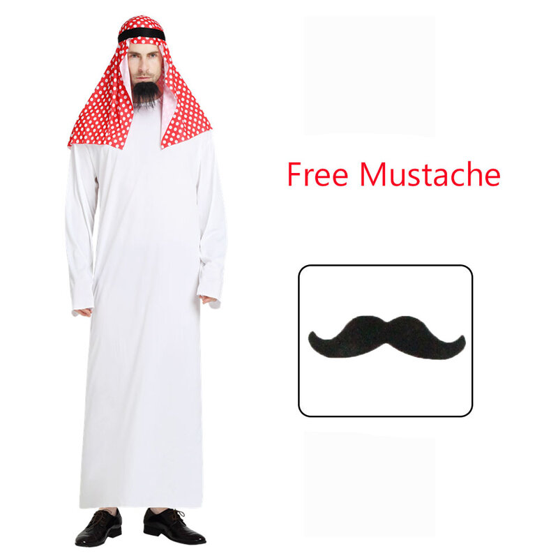 Umorden Adult Men Arabian Arab Sheikh Costume Middle East Clothes Sultan White Robe Red Headband Purim Halloween Fancy Dress