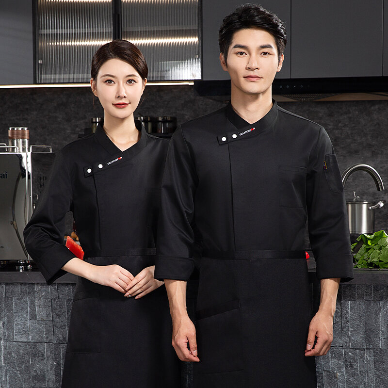 Grey long sleeve chef jacket Hotel chef coat T-shirt chef uniform restaurant chef coat Bakery Breathable Cooking clothes logo