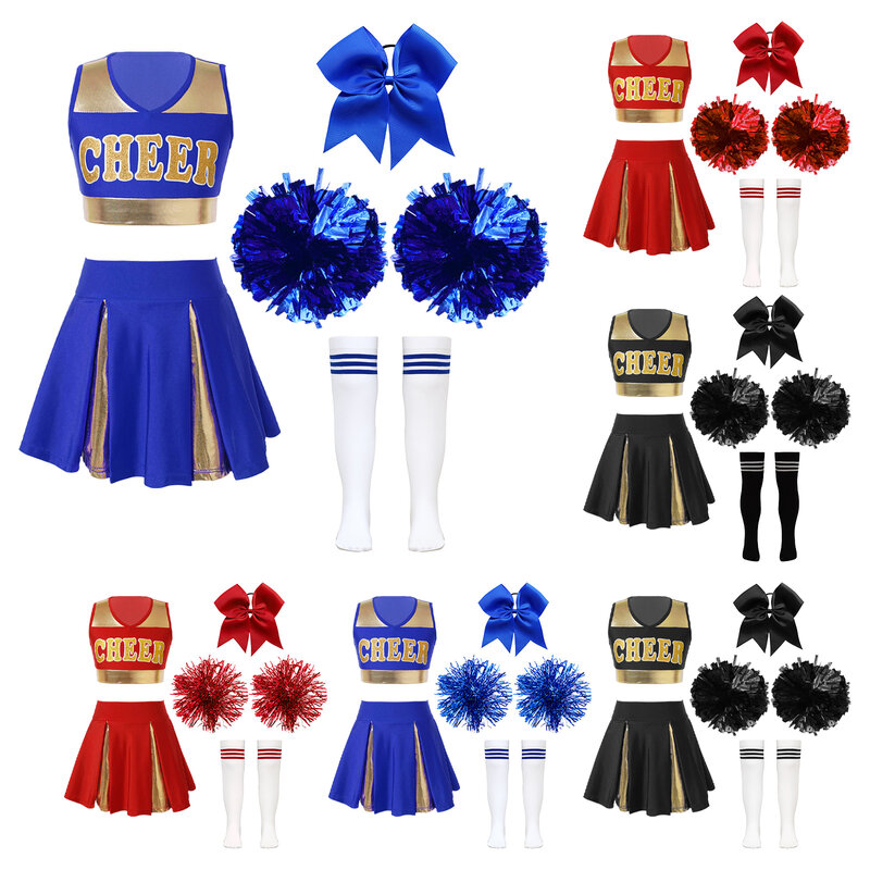Kids Girls Cheer Leader Halloween Performance Uniform Costume High School Crop Top Pleated Skirt Set Cheerleading Cosplay Outfit
