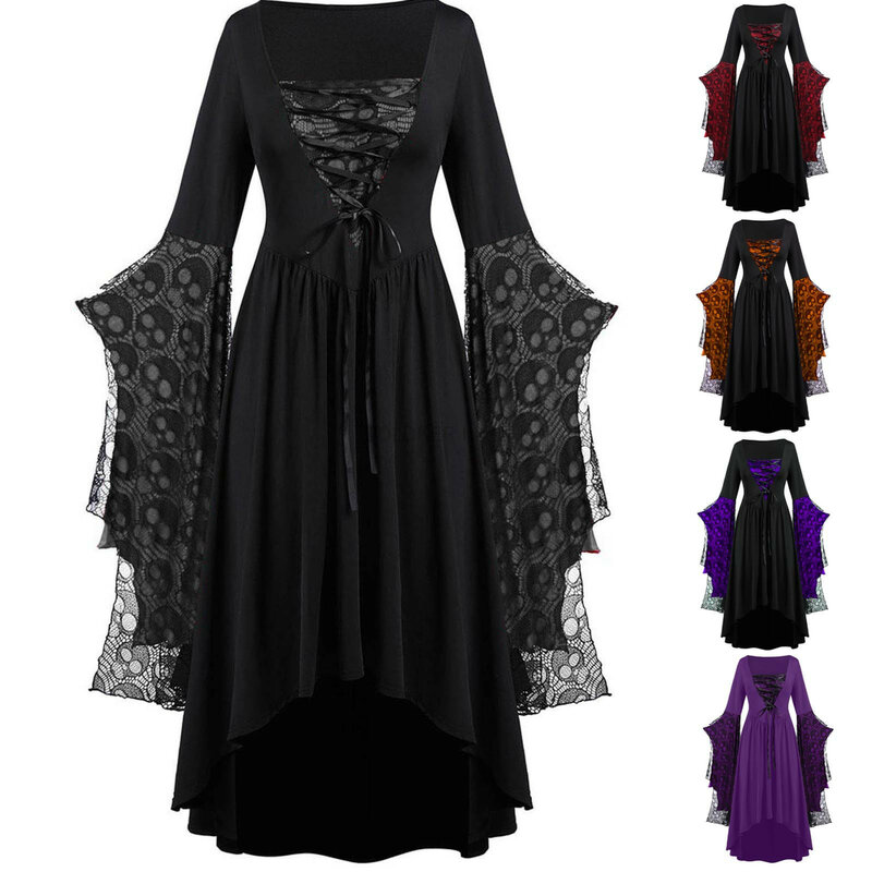 Women's Medieval Gothic Witch Vampire Costume Lace Up Hooded Robe Halloween Costume Colorblock Maxi Dress Cosplay Dresses