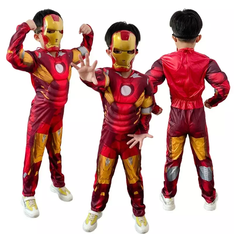 Kids Iron Man Muscle Costume Superhero Iron Man Cosplay Costume Jumpsuit Mask Gloves Halloween Birthday Bodysuit for Boy Gifts