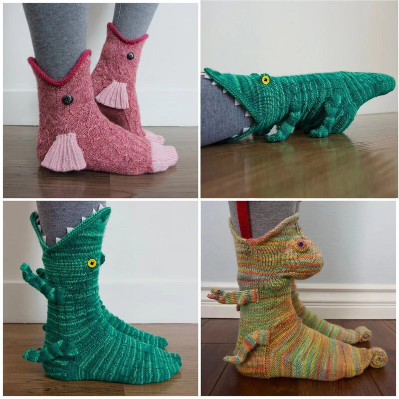 Chaussettes tricotées 3D à large bouche en forme de requin, caméléon et crocodile, mignonnes et chaudes pour l'hiver, nouveauté, cadeau de noël