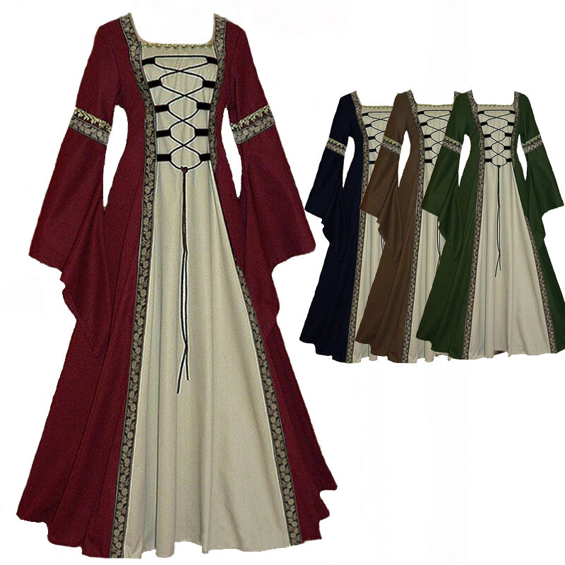 Plus Size Lady Renaissance Medieval Princess Costume Royal Court Floor-Length Cosplay Fancy Party Dress Carnival Halloween