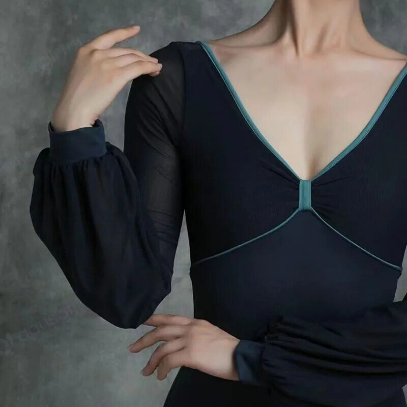 2024 New Ballet Dresses Adult Lantern Long Sleeve Leotard V neck Bodysuit women Dance wear Sexy Gymnastics for girl